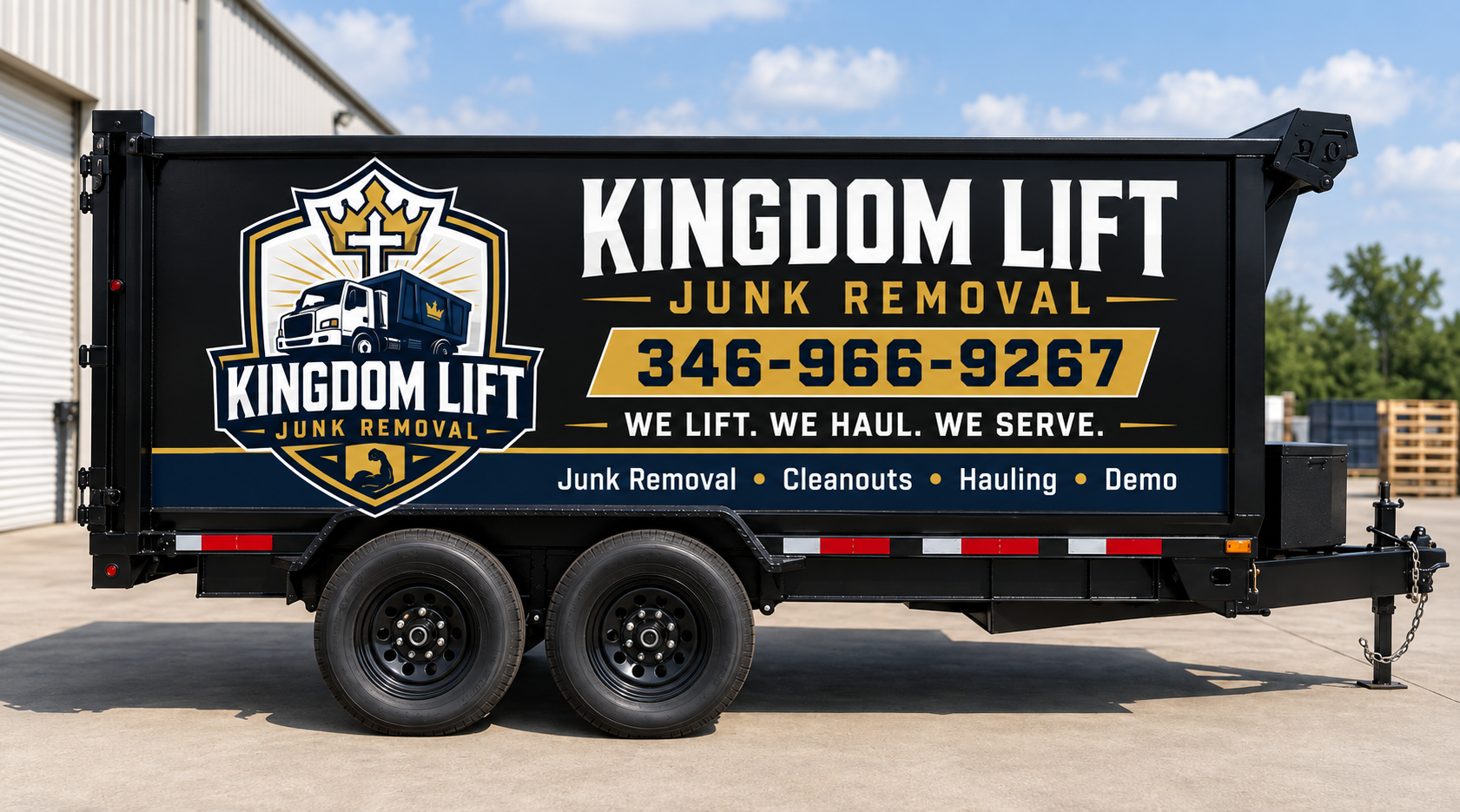 Kingdom Lift branded dump trailer